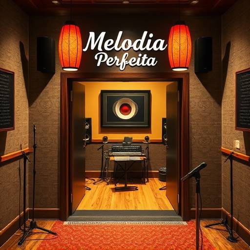 Entrada do estüdio de gravaäão Melodia Perfeita com a placa de identificaäão